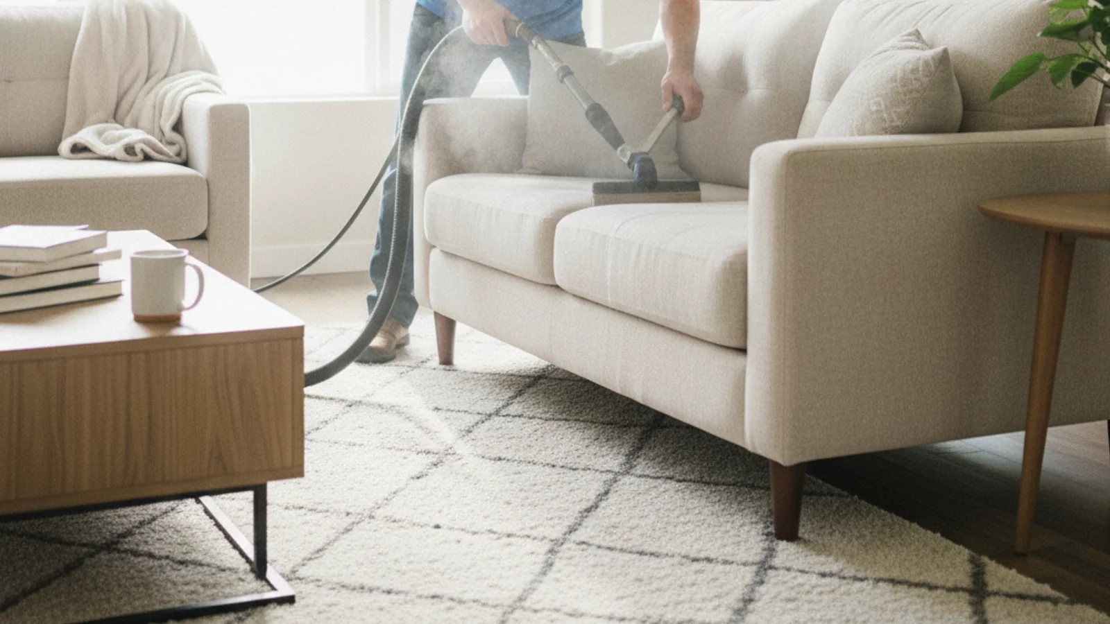 Professional upholstery cleaning of a sofa in a bright Concord, CA living room